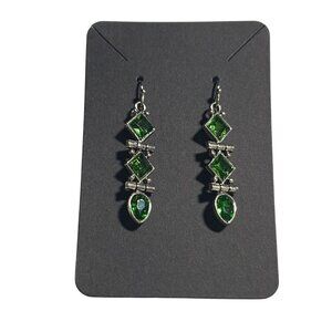 Green Rhinestone Silver Dangle Earrings Square Teardrop Gems 2 Inch Length Gift